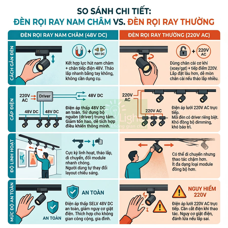 So sánh đèn rọi ray nam châm 48V DC và đèn rọi ray thường 220V AC về cách lắp, cấp điện, độ linh hoạt, an toàn